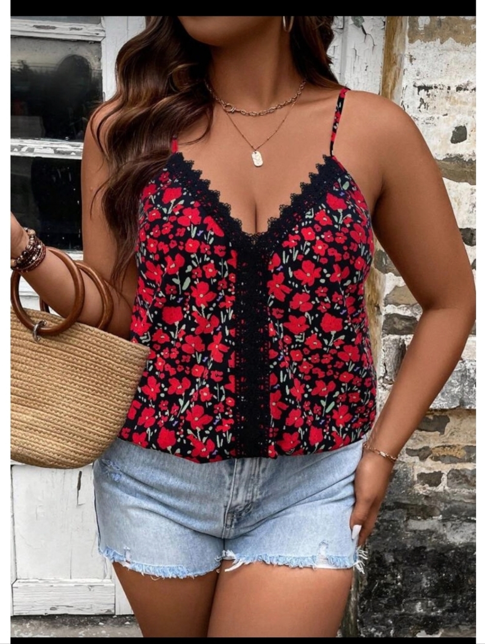 Multicolor Floral Lace Trim Spaghetti Strap Tank Top